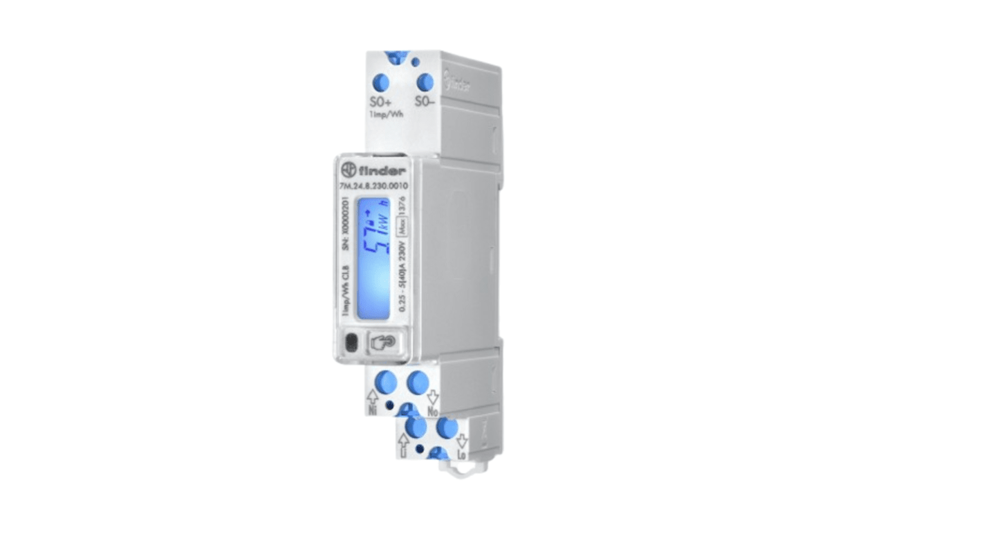 Finder 7M.24.8.230.0010, contatore di energia monofase con display LCD retroilluminato, dimensioni 95.4 x 17.5 mm.