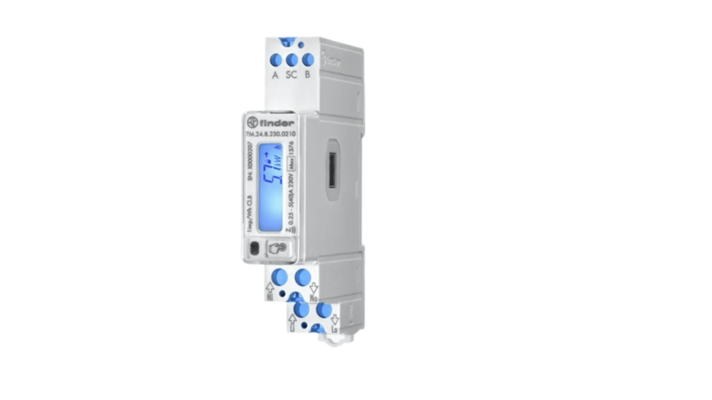 Contatore di energia monofase Finder 7M.24.8.230.0210, LCD 7 cifre, classe B, dimensioni 95.4x17.5 mm, terminale sigillabile.