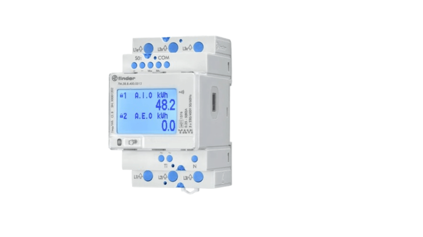Finder 7M.38.8.400.0312, contatore di energia trifase con display LCD, dimensioni 95.4 x 52.5 mm, classe di precisione B.