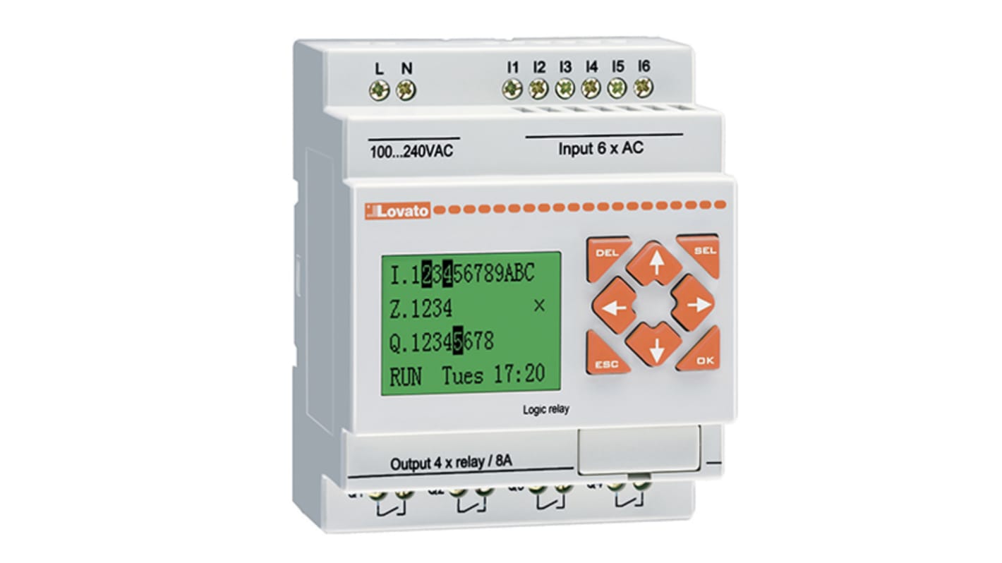 Controllore logico Lovato LRD10RA240, modulo PLC 240V c.a., 6 ingressi digitali, 4 uscite, interfaccia HMI.
