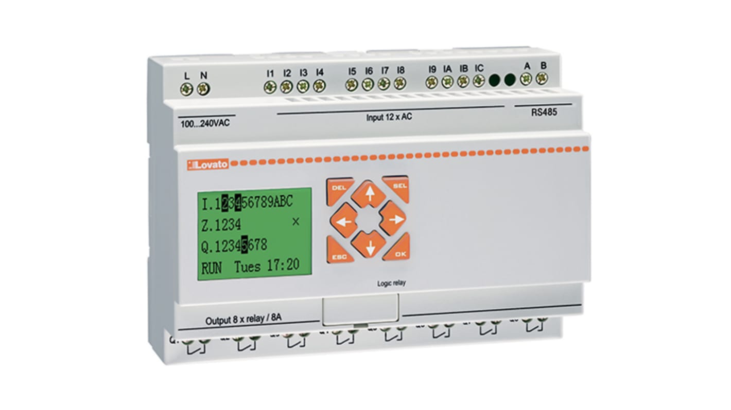 Controllore logico Lovato LRD20RA024, modulo PLC 24V c.a., 12 ingressi digitali, 8 uscite, interfaccia HMI.