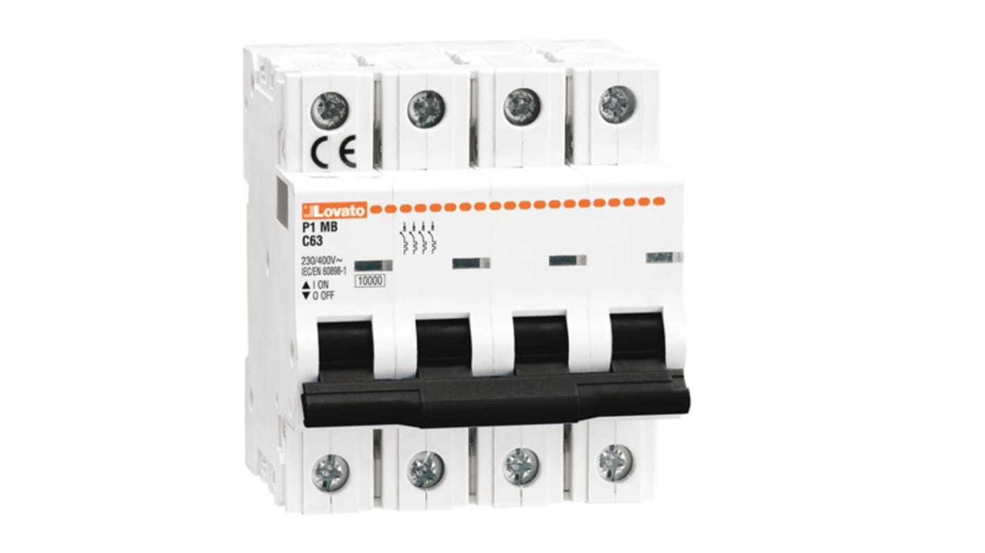 Interruttore magnetotermico Lovato P1MB4PC50, 4 poli, 50A, tipo C, montaggio su guida DIN, grado di protezione 4pole.
