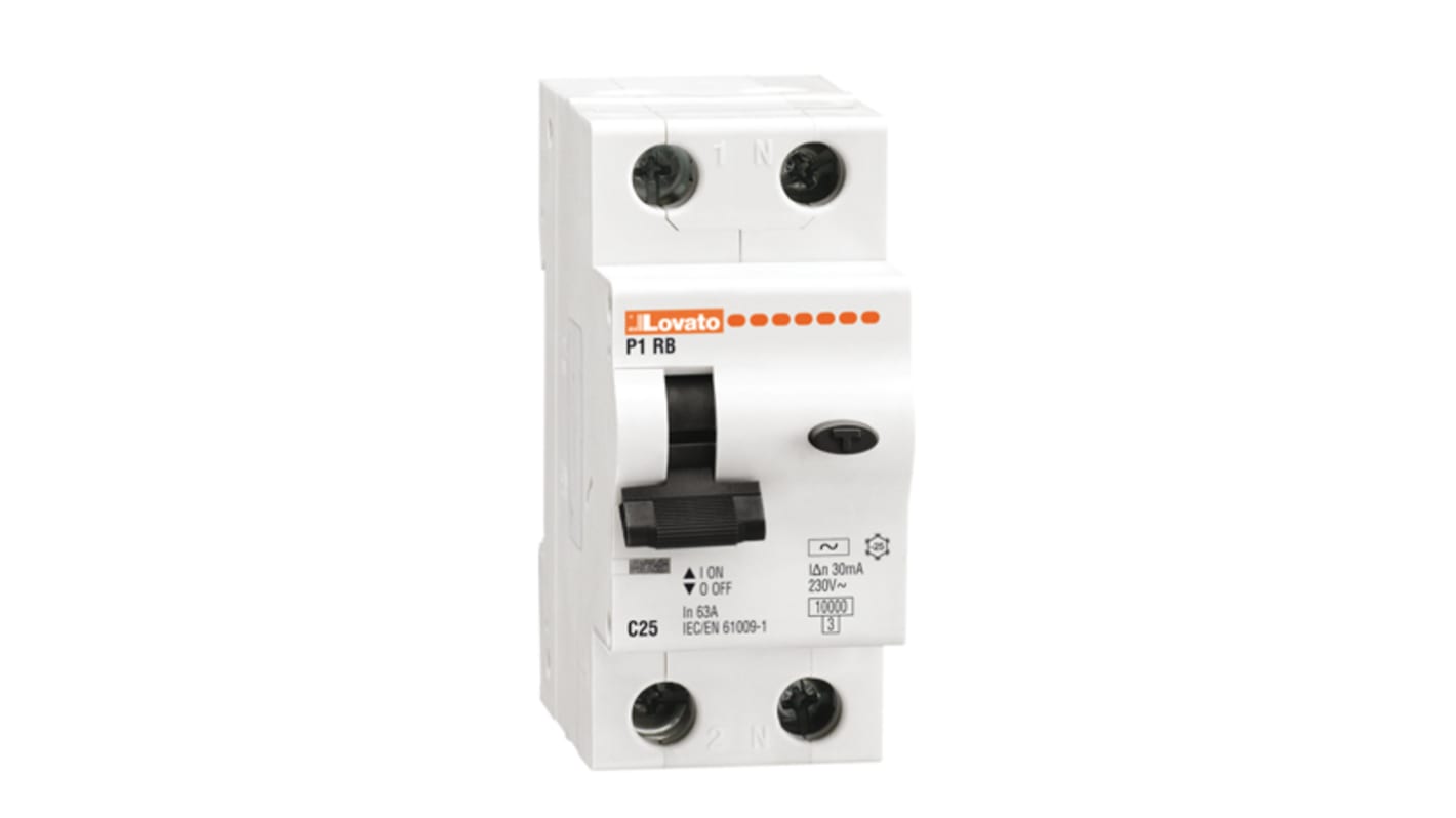 Interruttore magnetotermico Lovato P1RB1NC25A300, 1 polo, 25A, Tipo A, montaggio su guida DIN, per applicazioni industriali.