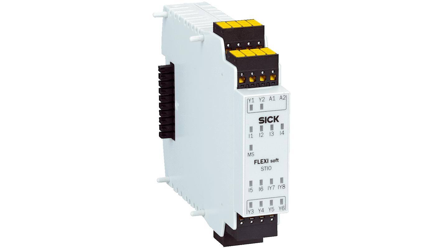 Modulo I/O Sick FX0-STIO68002 per sistemi sicuri, 6-8 ingressi/uscite, alimentazione 13-30 V, compatibile con Ethernet/IP.
