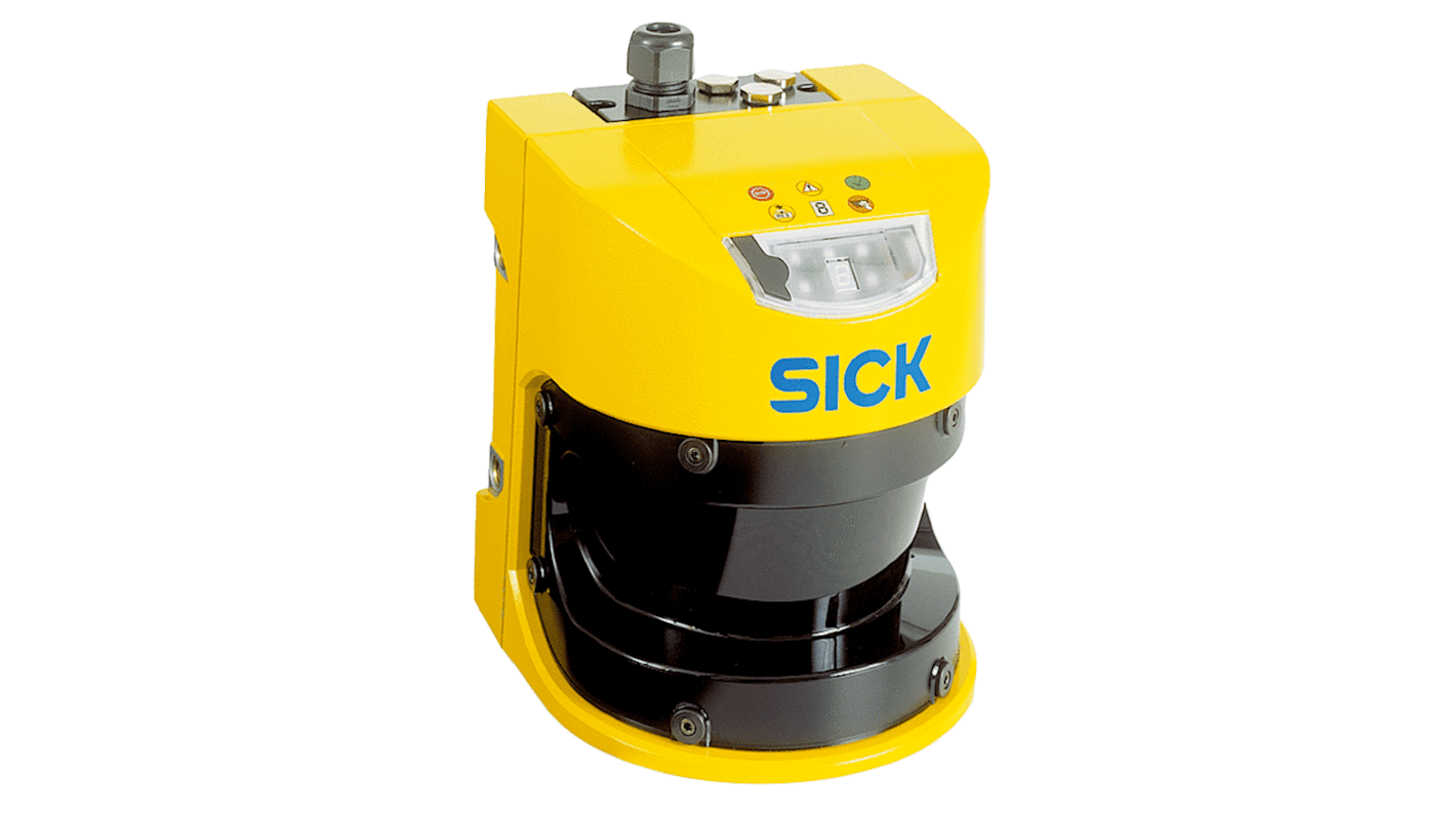 Scanner di sicurezza Sick S30A-6011CA, rilevamento fino a 49 m, configurabile con quattro campi di protezione.