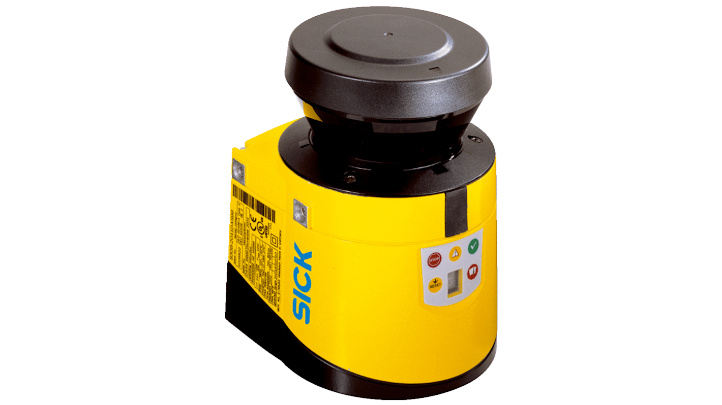Scanner laser di sicurezza Sick S30B-2011BA, rilevamento fino a 30 m, angolo di scansione 270°, design compatto.