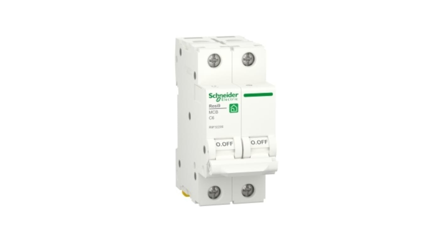 Interruttore magnetotermico Schneider Electric 2 poli, 6A, Tipo C, montaggio su guida DIN, grado di protezione IP20.