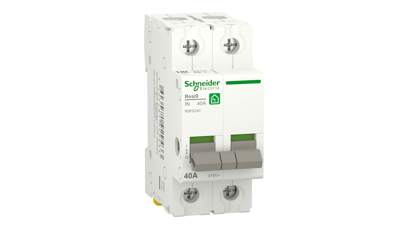 Sezionatore manuale Schneider Electric R9PS240, 2 poli, 40 A, montaggio su guida DIN, grado di protezione IP20.