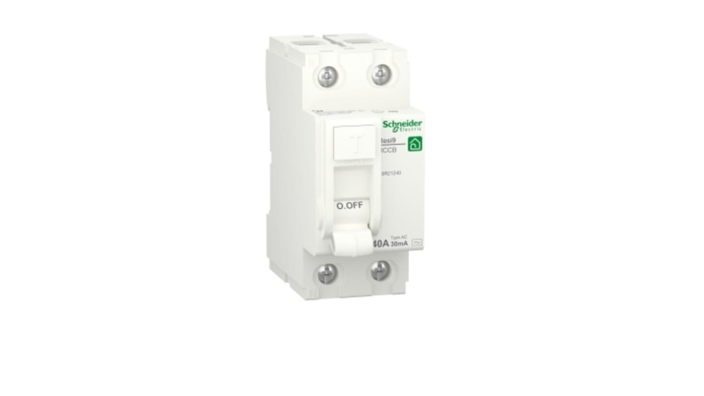 Interruttore differenziale Schneider Electric R9R21240, 2 poli, 40 A, 30 mA, montaggio su guida DIN, colore bianco.