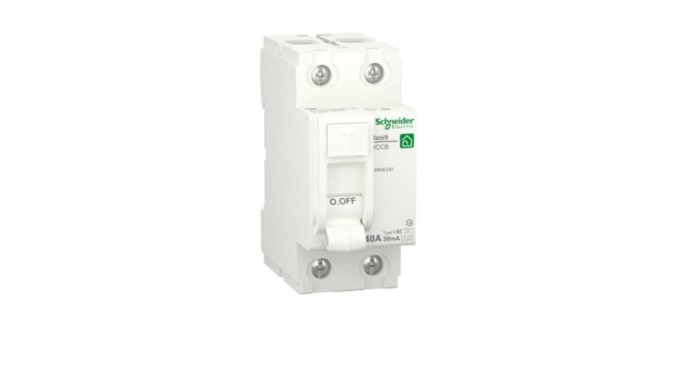 Interruttore differenziale Schneider Electric R9R46240, 2 poli, 40 A, 30 mA, montaggio su guida DIN, grado di protezione IP20.