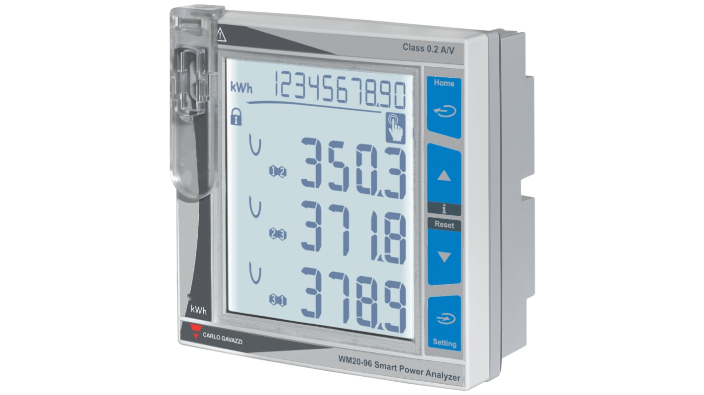 Carlo Gavazzi WM20AV53H, misuratore digitale multifunzione da pannello con display LCD, dimensioni 96mm x 96mm, per sistemi monofase e trifase.