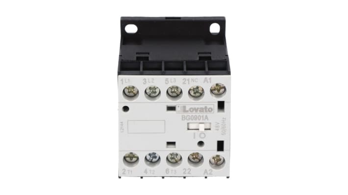 Contattore Lovato 11BG0901A230, 3 poli, 1NC, 230 V c.a., 9 A, dimensioni 44x57x58 mm, per applicazioni industriali.