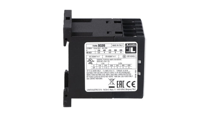 Contattore Lovato 11BG0901A230, 3 poli, 1NC, 230 V c.a., 9 A, dimensioni 44x57x58 mm, per applicazioni industriali.