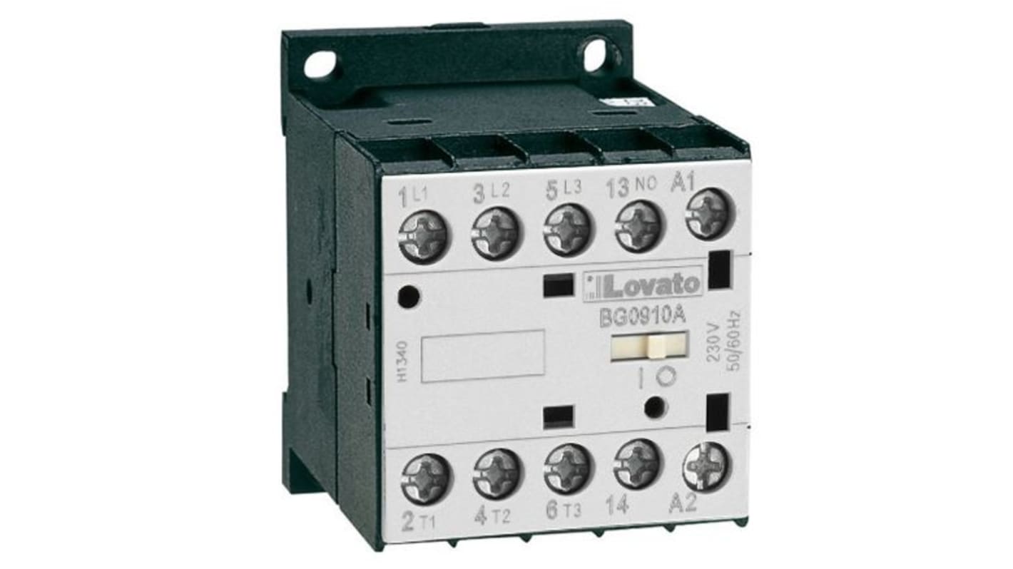 Contattore Lovato 11BG0901A400, 3 poli, 1NC, 9 A, bobina 400 V c.a., montaggio su circuito stampato.