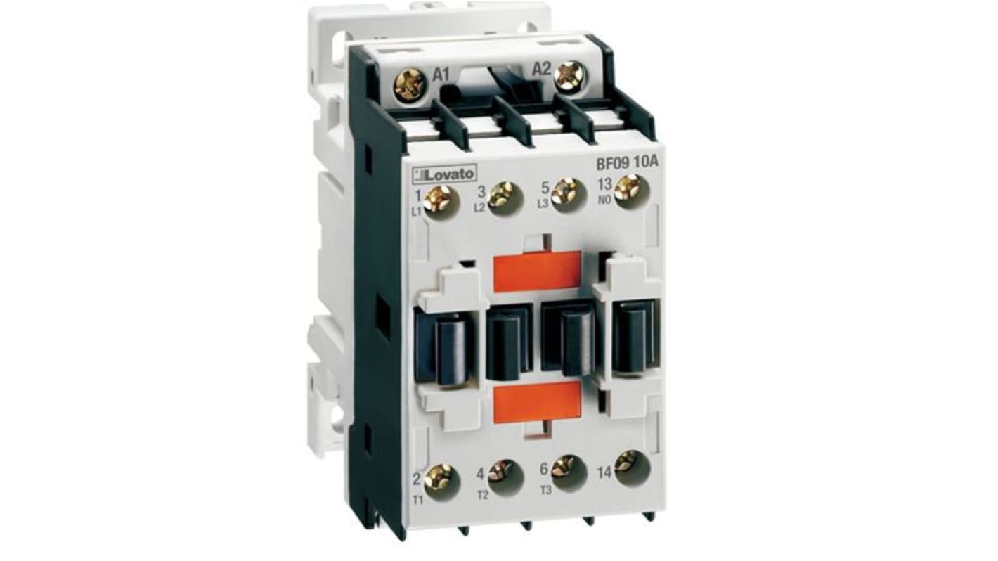 Contattore Lovato BF0901A110, 3 poli, 1NC, 9 A, bobina 110 V c.a., montaggio fino a 8 moduli ausiliari.