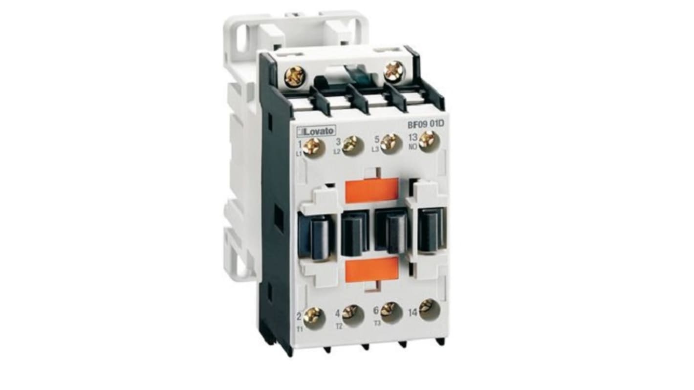 Contattore Lovato BF0910L024, 3 poli, 9 A, bobina 24 V c.c., montaggio fino a 8 moduli ausiliari.