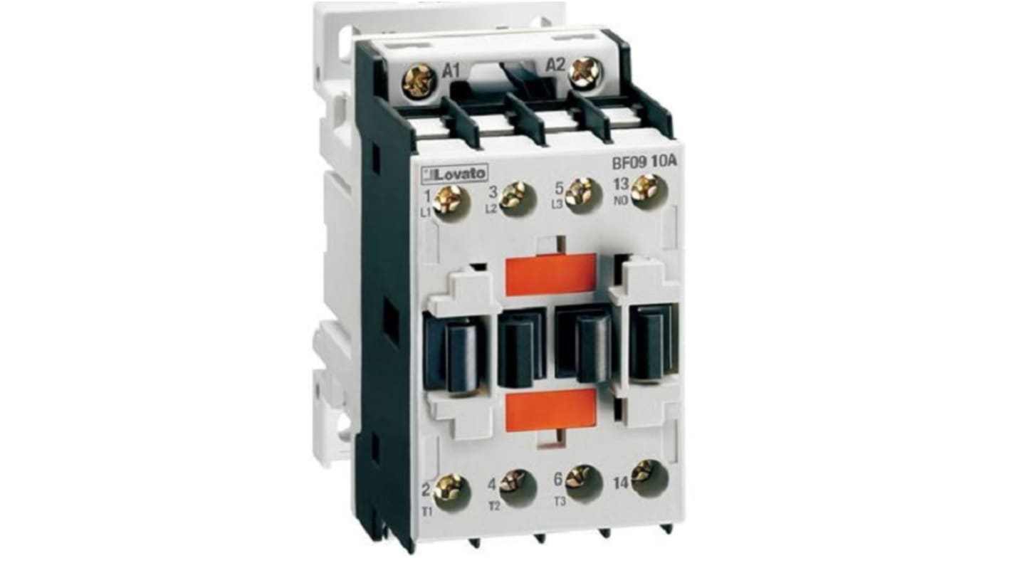 Contattore Lovato BF1201A024, 3 poli, 1NC, 12 A, bobina 24 V c.a., montaggio fino a 8 moduli ausiliari.