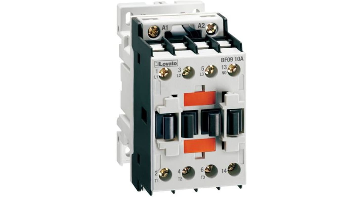 Contattore Lovato BF1201A110, 3 poli, 1NC, 12 A, bobina 110 V c.a., montaggio fino a 8 unità ausiliarie.