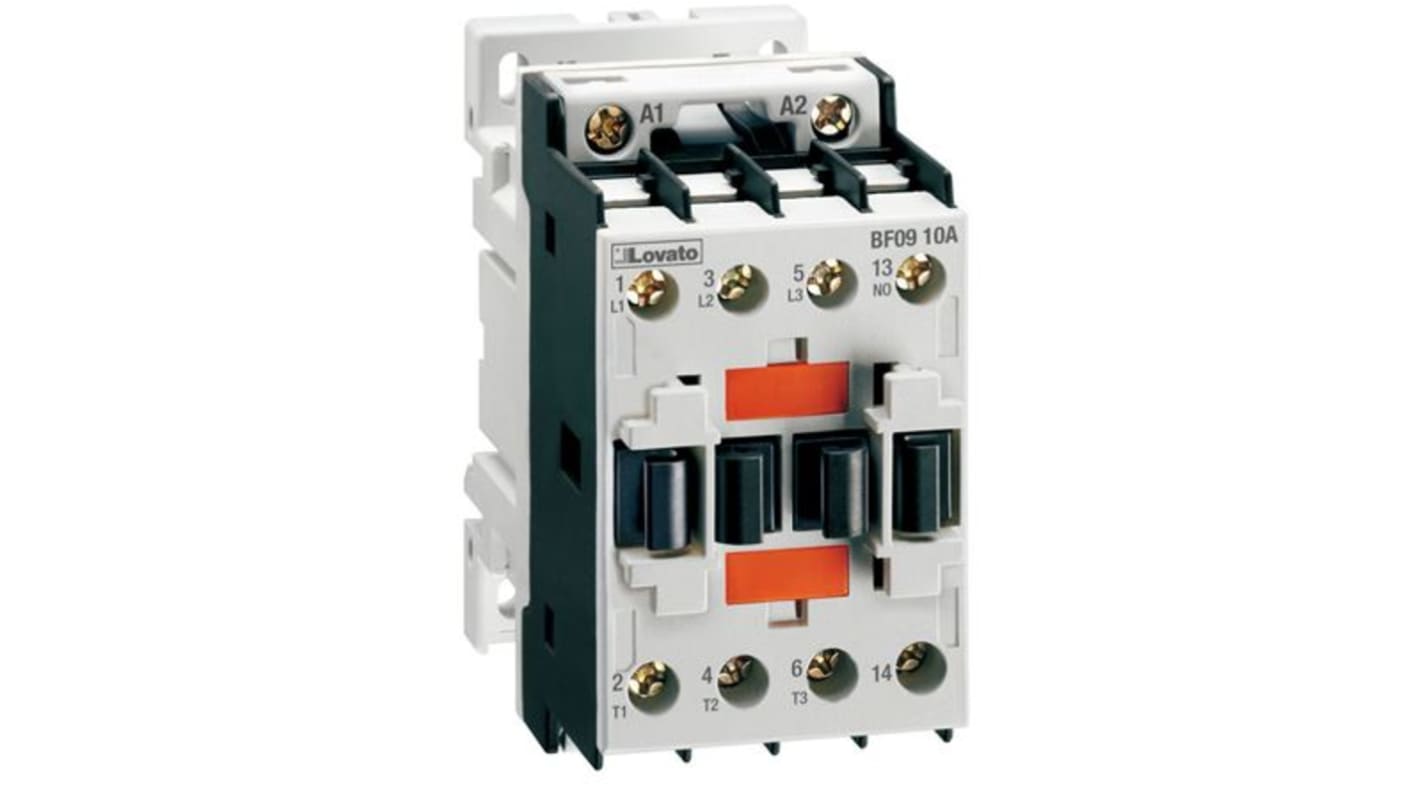 Contattore Lovato BF1801A024, 3 poli, 1NC, 18 A, 10 kW, bobina 24 V c.a., con possibilità di montaggio di contatti ausiliari.