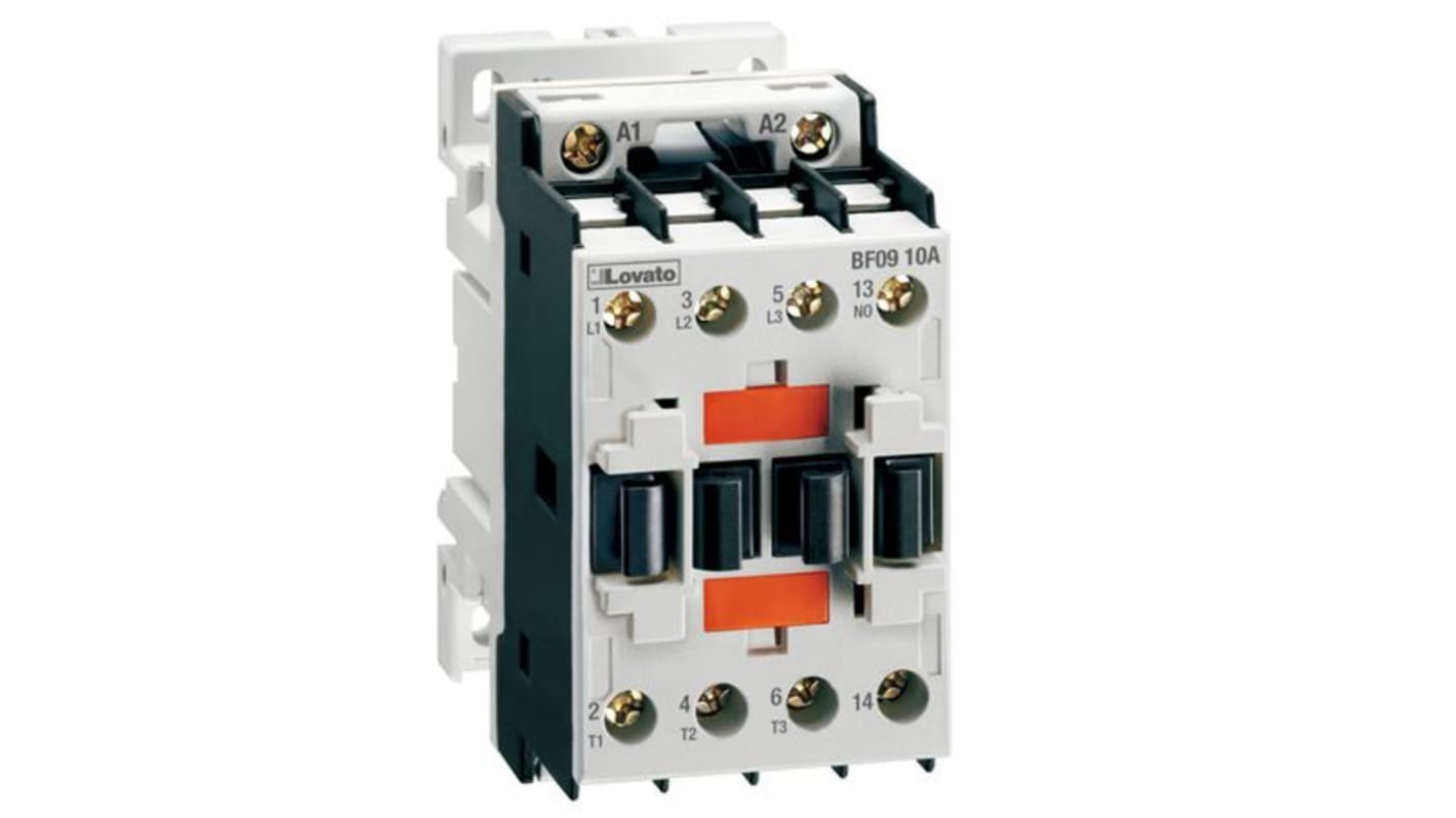 Contattore Lovato BF2501A110, 3 poli, 25 A, bobina 110 V c.a., interblocco meccanico, montaggio fino a 8 moduli ausiliari.