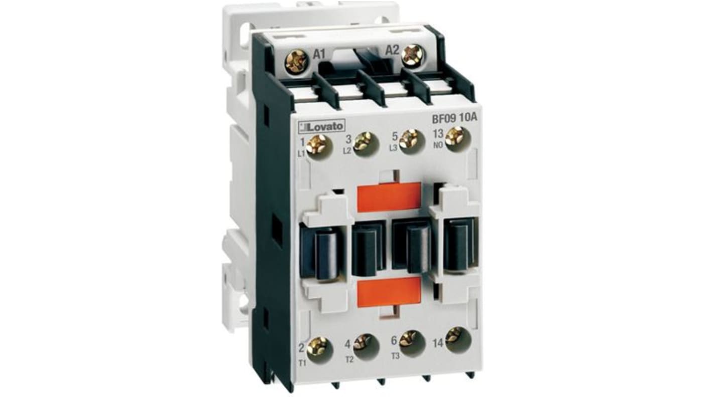 Contattore Lovato BF2501A400, 3 poli, 25 A, 11 kW, bobina 400 V c.a., interblocco meccanico, montaggio fino a 8 moduli ausiliari.