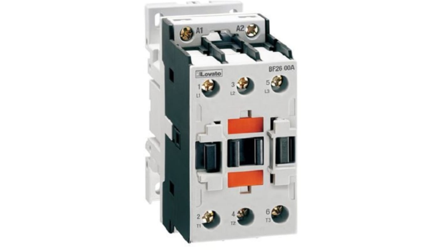 Contattore Lovato BF2600A110, 3 poli, 3 contatti normalmente aperti, 26 A, bobina 110 V c.a., montaggio fino a 8 unità ausiliarie.