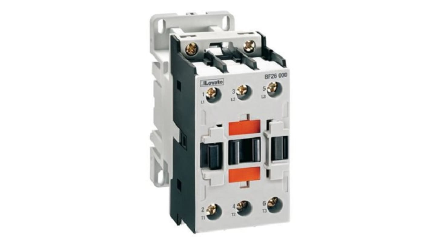 Contattore Lovato BF2600D024, 3 poli, 3 contatti normalmente aperti, 26 A, bobina 24 V c.c., montaggio fino a 8 unità ausiliarie.