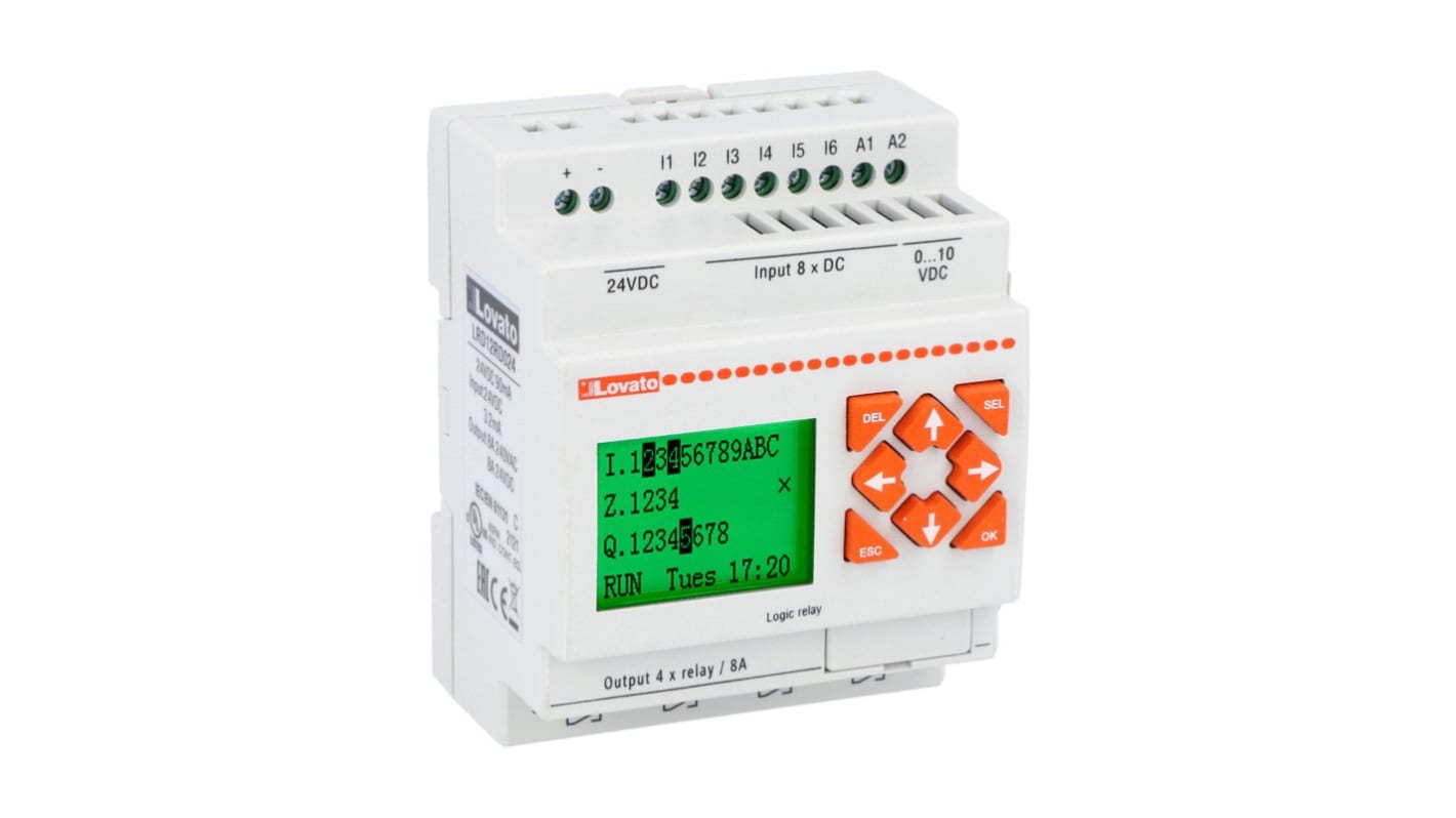 CPU PLC Lovato LRD12RD024, 8 ingressi, 4 uscite relè, montaggio su guida DIN, dimensioni 72 x 90 x 59,6 mm.