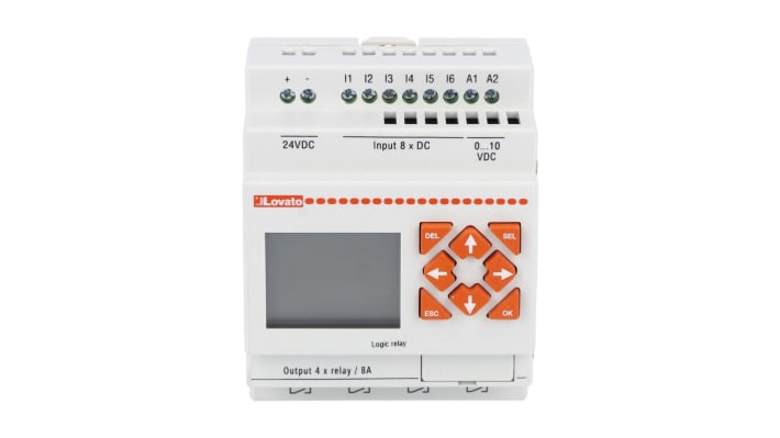 CPU PLC Lovato LRD12RD024, 8 ingressi, 4 uscite relè, montaggio su guida DIN, dimensioni 72 x 90 x 59,6 mm.