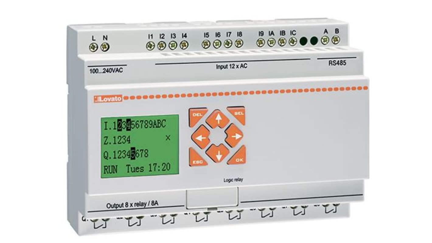 Modulo base Lovato LRD20RD024P1, micro PLC con 12 ingressi e 8 uscite a relè, grado di protezione IP20.