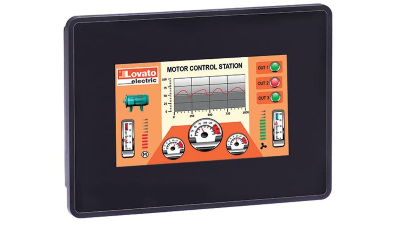Pannello HMI Lovato LRHA04, display TFT a colori 4,3", interfacciabile con PLC per applicazioni di supervisione.