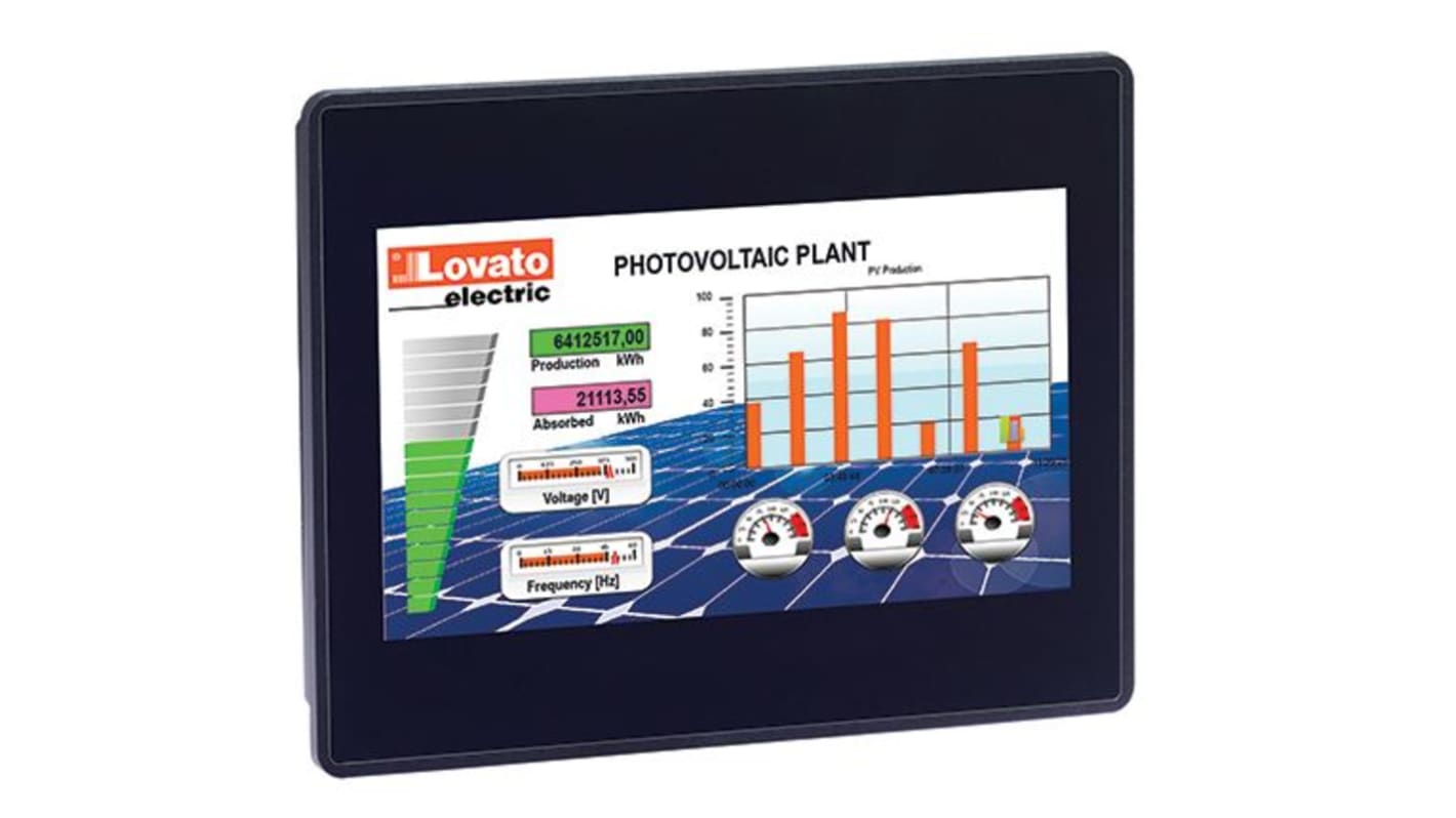 Pannello HMI Lovato LRHA07 con display TFT da 7 pollici, 64k colori, interfacciabile con PLC e controller.