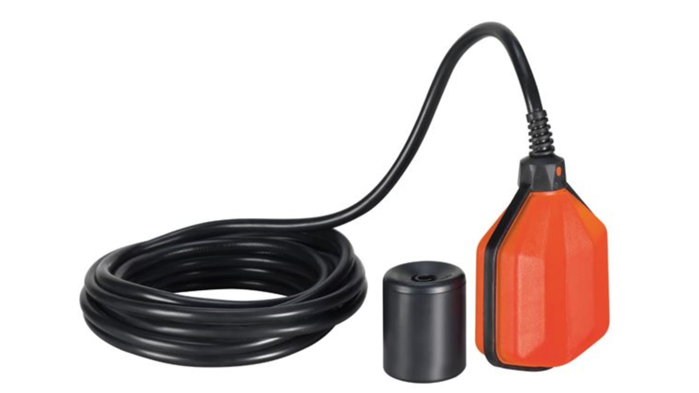 Interruttore a galleggiante Lovato LVFSN1W10 in polipropilene, cavo 10 m, grado di protezione IP68, per controllo livello liquidi.