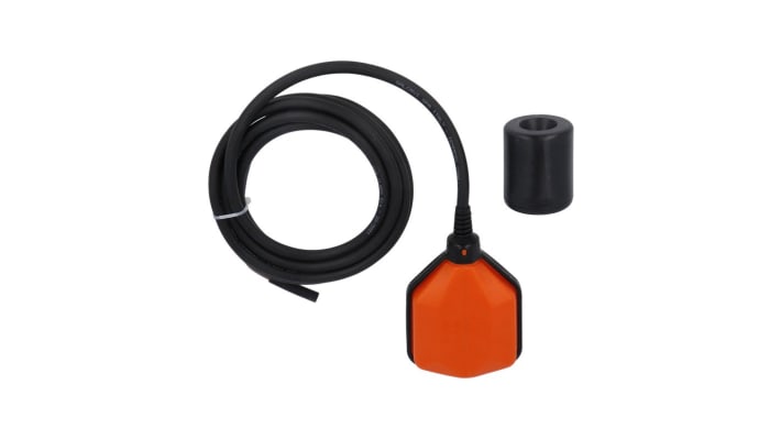 Interruttore a galleggiante Lovato LVFSN1W10 in polipropilene, cavo 10 m, grado di protezione IP68, per controllo livello liquidi.