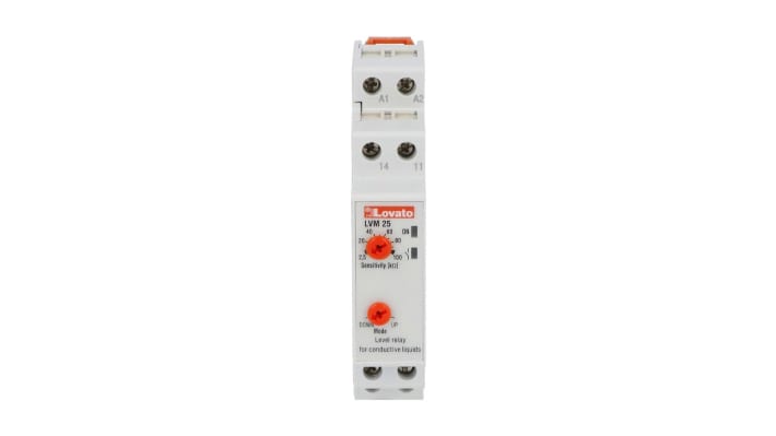 Relè di monitoraggio Lovato LVM25240, SPDT-C/O, tensione 24-240 V, montaggio su guida DIN, dimensioni 17.5 x 104.7 x 64.9 mm.
