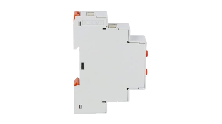 Relè di monitoraggio Lovato LVM25240, SPDT-C/O, tensione 24-240 V, montaggio su guida DIN, dimensioni 17.5 x 104.7 x 64.9 mm.