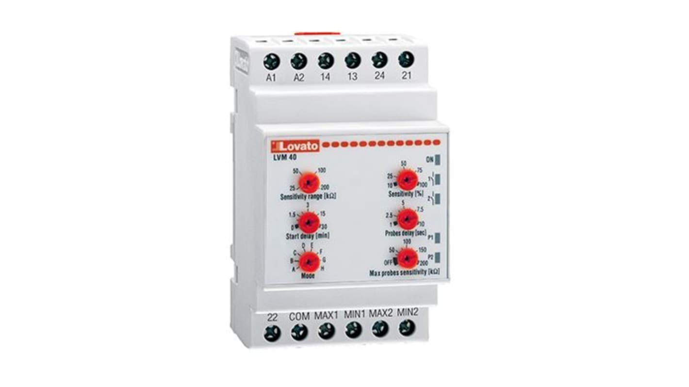 Relè di monitoraggio Lovato LVM40A024, grado di protezione IP20, doppio isolamento, certificato EAC e UL.