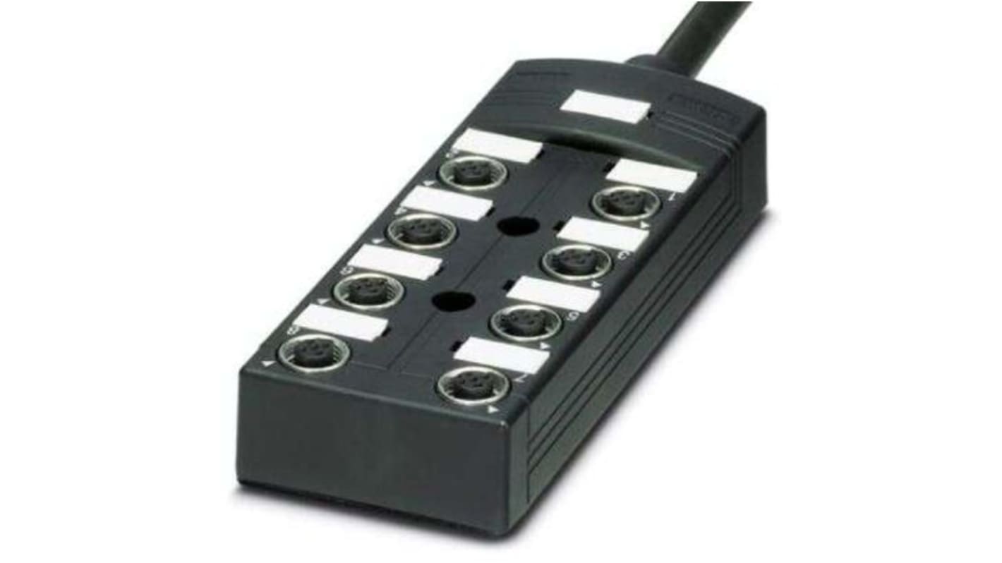 Scatola sensore Phoenix Contact 1457364, 8 porte M12, collegamento fisso a 180 gradi, cavo 5 m, materiale PUR/PVC.