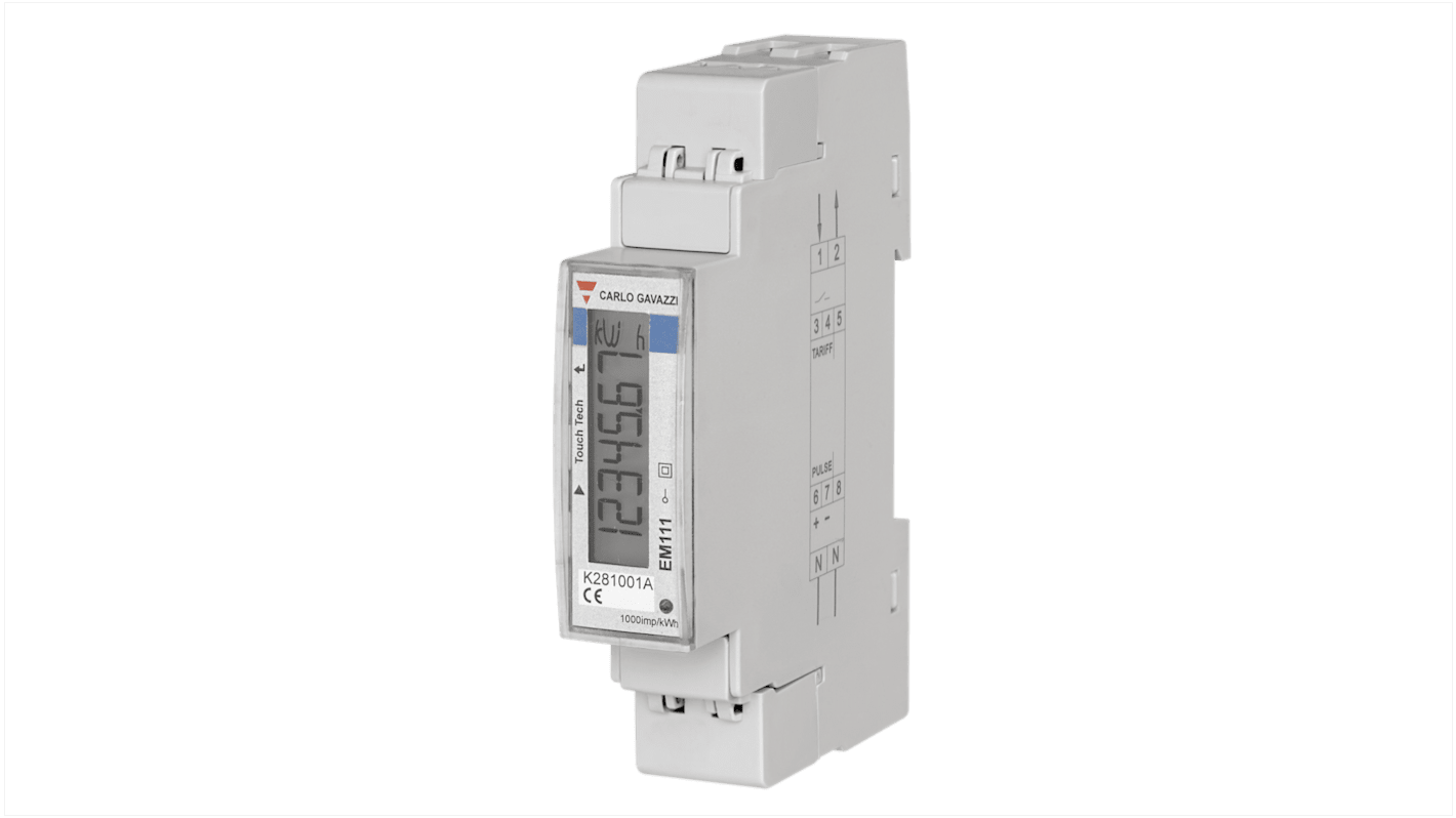 Contatore di energia monofase Carlo Gavazzi EM111DINAV51XS1X, display LCD 7 cifre, montaggio su guida DIN, dimensioni 91,5mm x 17,5mm.