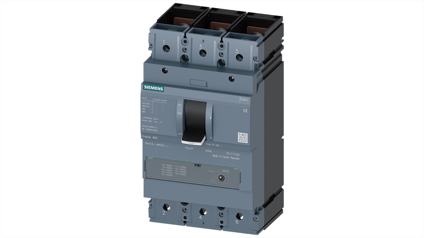 Interruttore magnetotermico Siemens 3P 320A, montaggio su guida DIN, design compatto, applicabile in AC e DC.