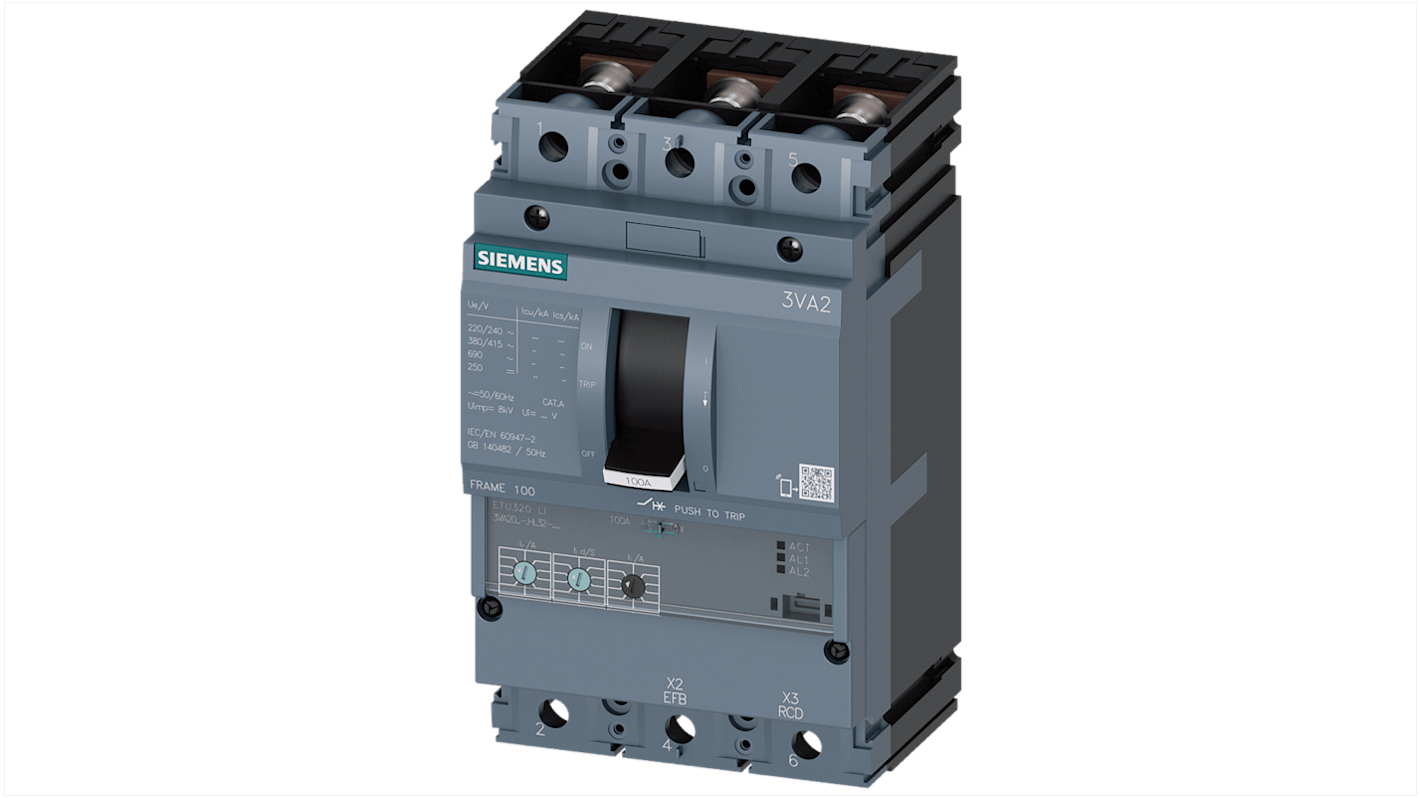 Interruttore magnetotermico Siemens 3VA2010-7HL32-0AA0, 3 poli, 100A, montaggio su guida DIN, design compatto e tecnologia plug-in.