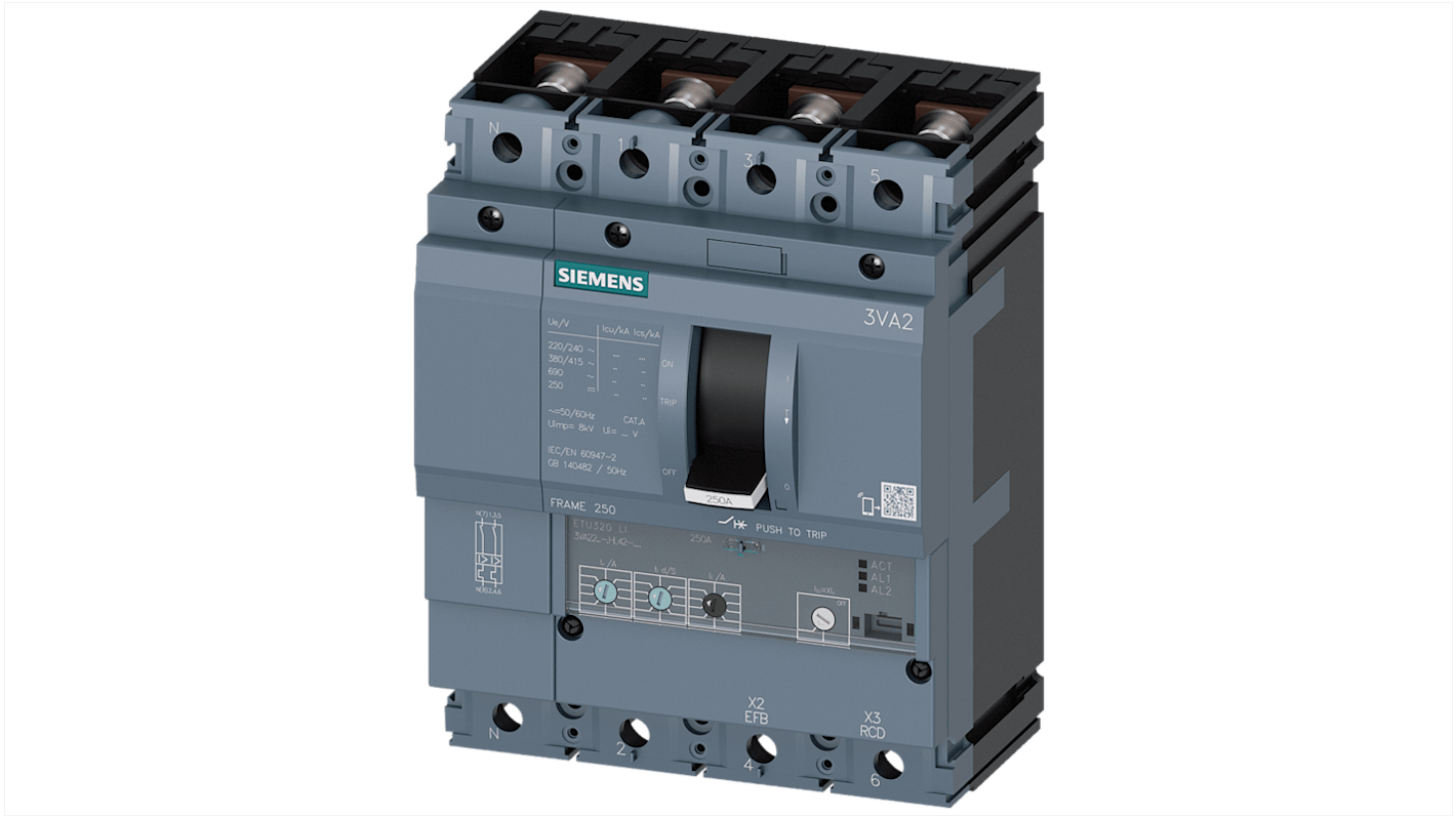 Interruttore magnetotermico Siemens 3VA2225-5HL42-0AA0, design compatto per proteggere linee e motori industriali. 4 poli, 250A, accessori modulari.