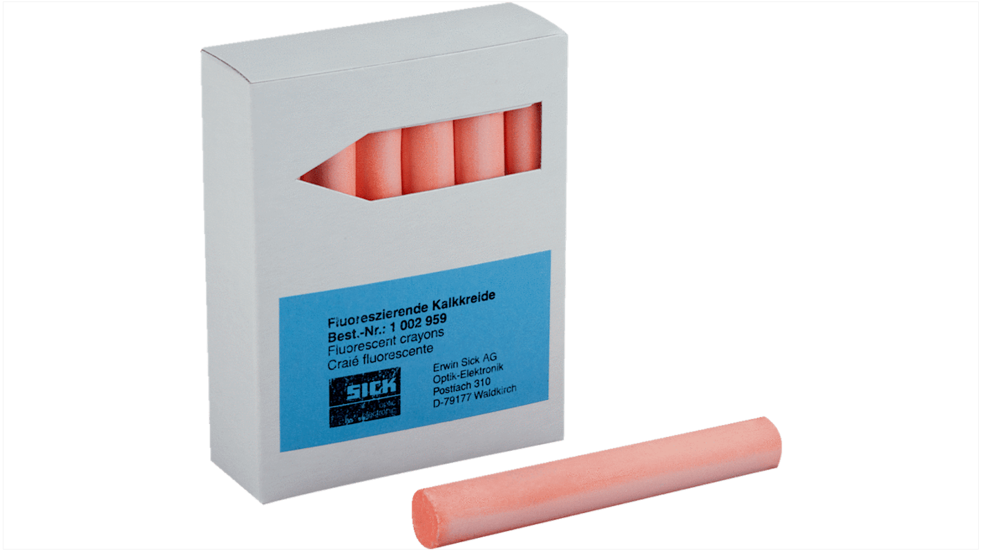 Sensore luminescente Sick LUM-KLK per applicazioni industriali, compatibile con materiali di riferimento in gesso e fluorescenza rossa.