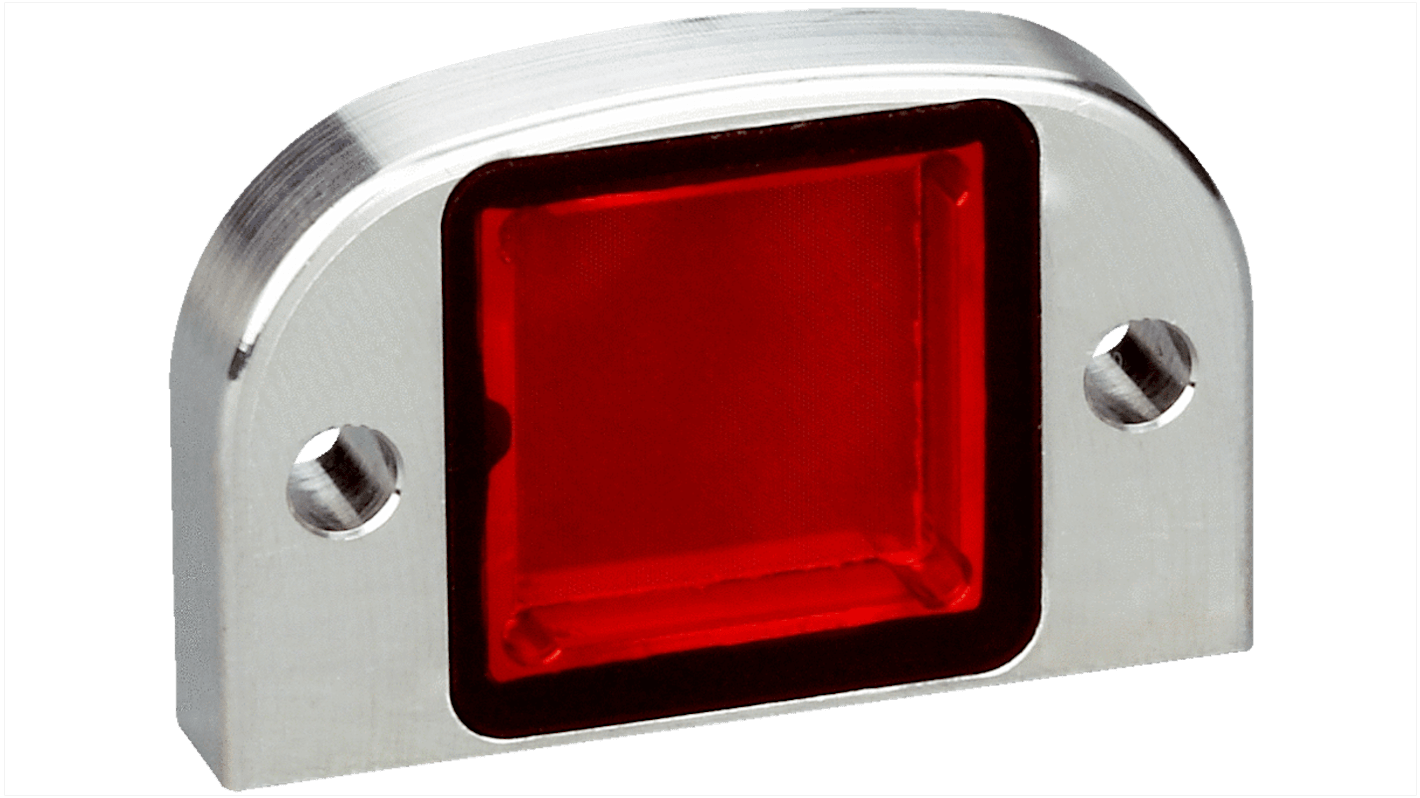 Riflettore Sick PLV14-A in acciaio inox, design lavabile, IP 69K, per sensori retroriflettivi in ambienti industriali.