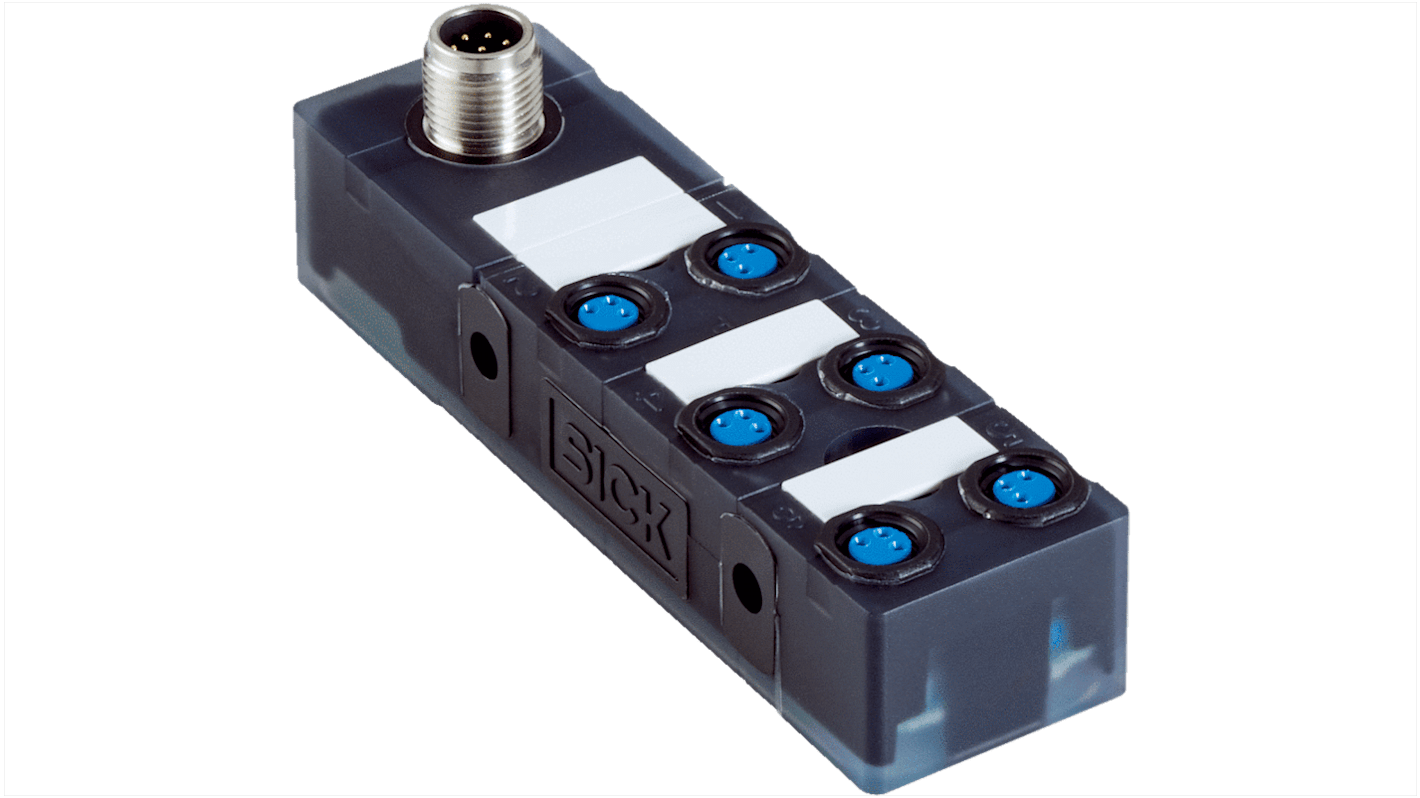 Scatola sensore Sick Y8A36A2-C2A8000XXX con 6 porte, IP65/IP67, tensione 18-30V cc, custodia TPU, -20 a +55 °C.