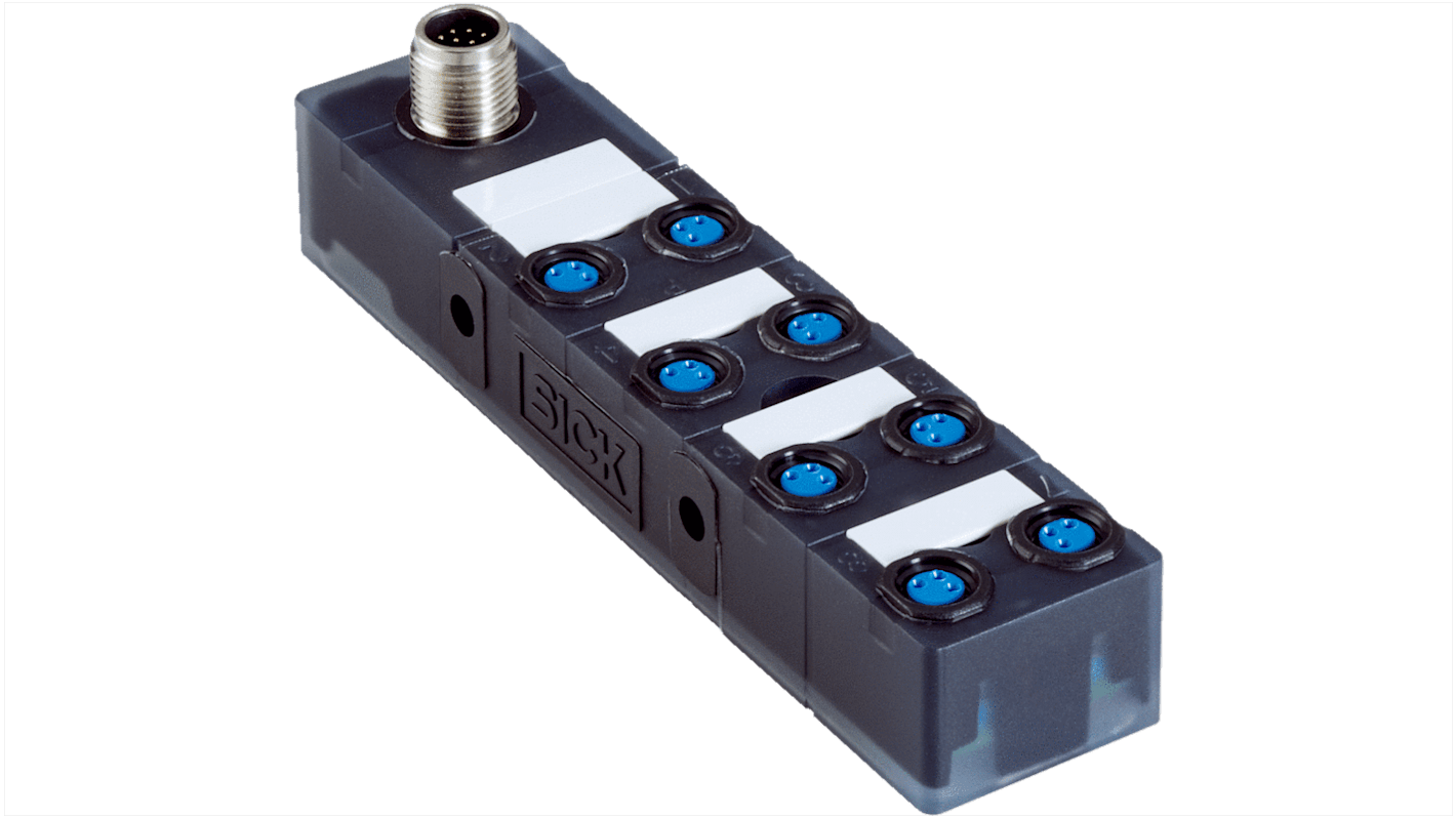 Scatola sensore Sick Y8A38A2-C2AB000XXX, 8 porte, IP65/IP67, tensione 18-30V cc, materiale TPU, -20 a +55 °C.