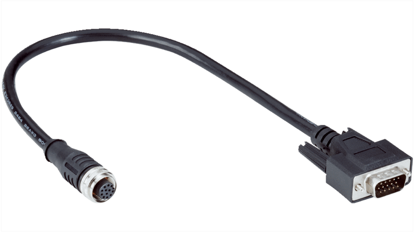 Cavo di collegamento Sick YF2Z1B-020XXXMHDAC, lunghezza 2m, con connettori D-SUB HD e M12 per applicazioni industriali.