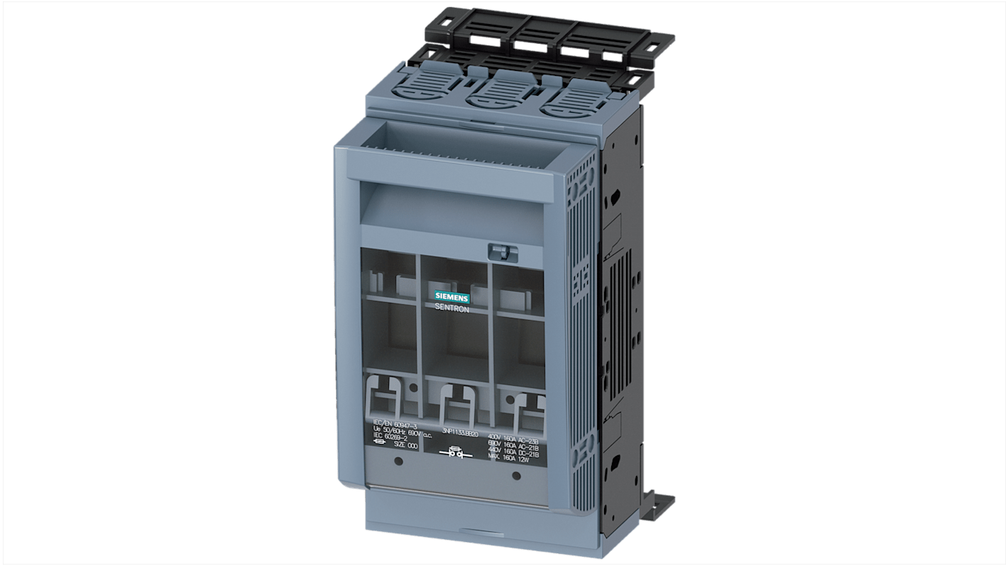 Sezionatore portafusibili Siemens 3NP1133-1BB20, 3 poli, 160 A, fusibile NH00, dimensioni 210,4x105,8x137,8 mm. Fissaggio per barra di distribuzione.