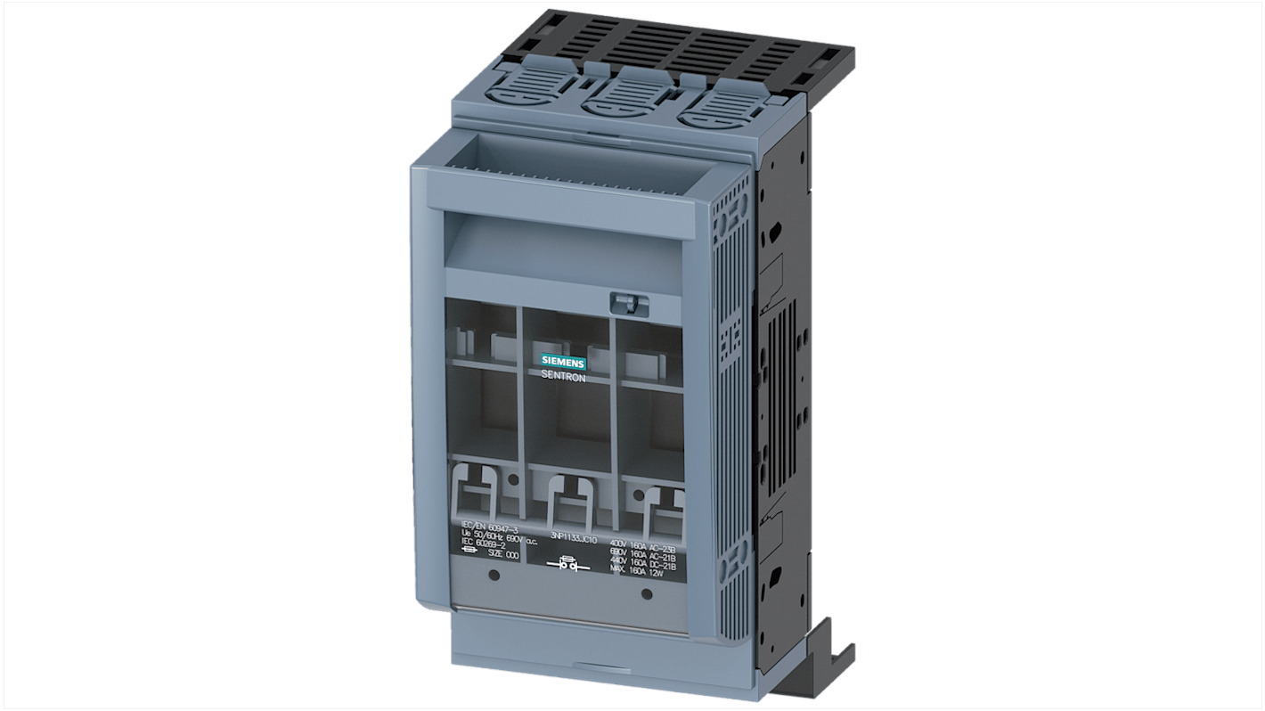 Sezionatore portafusibili Siemens 3NP1133-1JC10, 3 poli, 160 A, fusibile NH00, dimensioni 215,1x105,8x134,5 mm. Fissaggio barra di distribuzione.