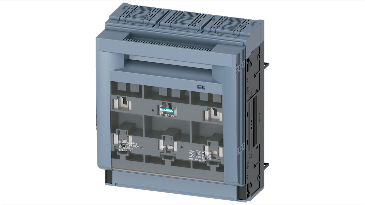 Sezionatore portafusibili NH3 Siemens 3NP1163-1BC10, 3 poli, 630 A, dimensioni 306x249,4x164,5 mm, fissaggio barra di distribuzione.